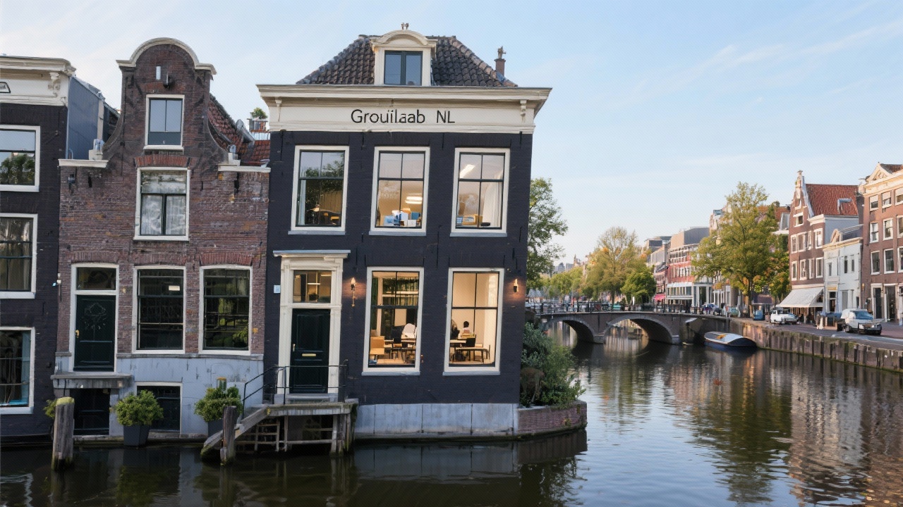 Historic canal house office in Amsterdam overlooking water, representing Dutch entrepreneurial culture and local business roots of GroeiLab NL