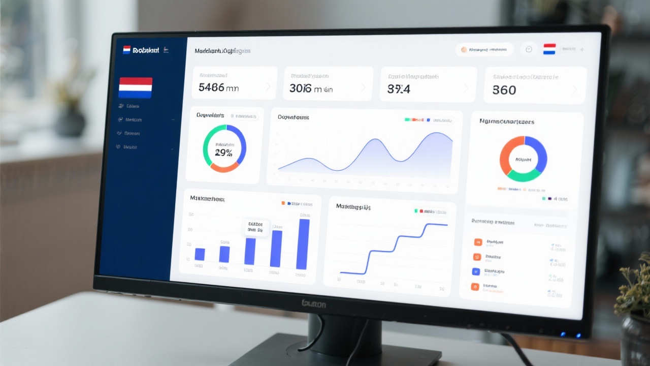 Digital analytics dashboard displayed on large monitor with key performance indicators, charts and conversion funnels tailored to Dutch local business marketing operations