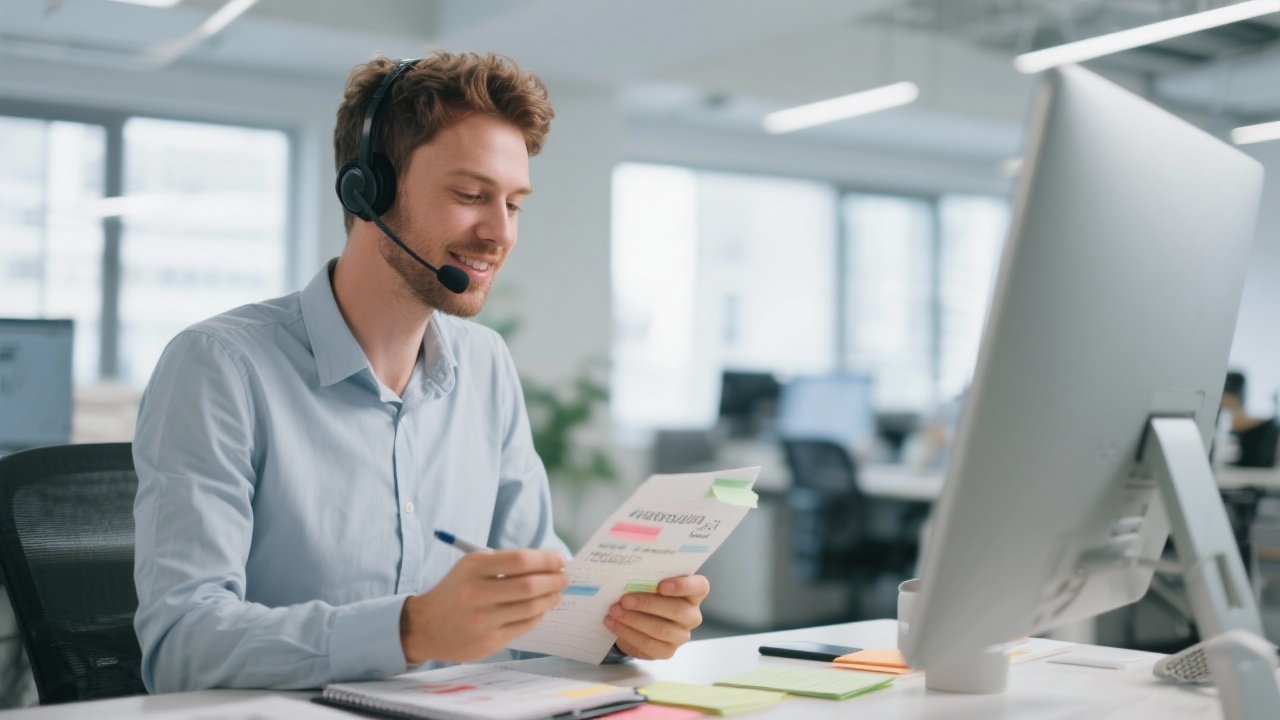 Customer success specialist talking on headset while reviewing marketing notes for Dutch small business client in modern office environment