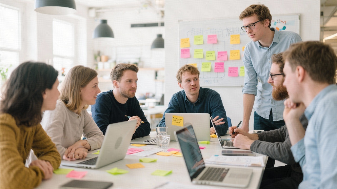 Group of Dutch entrepreneurs collaborating during digital marketing workshop, brainstorming content ideas with sticky notes and laptops in bright co-working space
