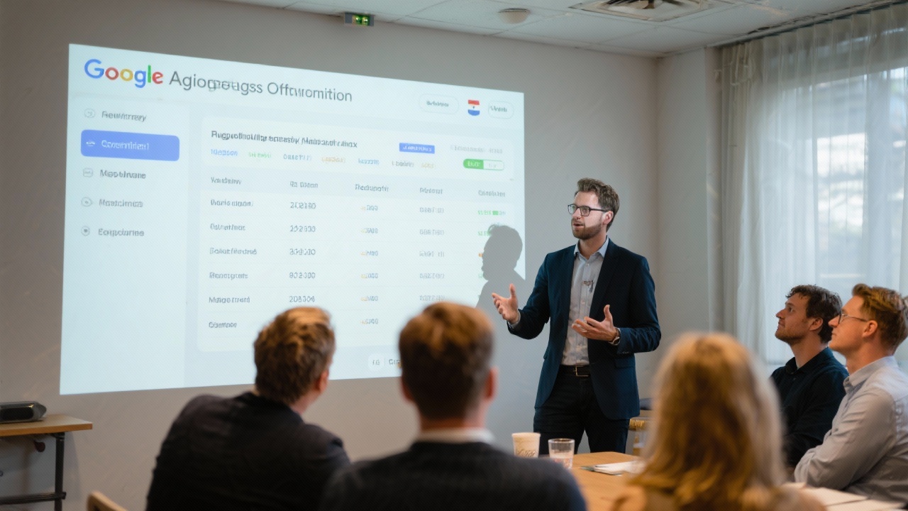 Instructor leading Google Ads optimization training showing campaign data on projector for Dutch local business owners focusing on budget efficiency