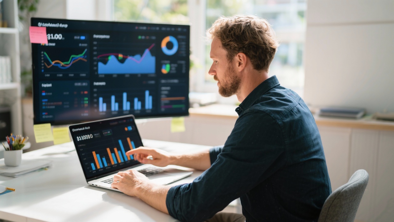 Professional Dutch small business owner reviewing digital marketing dashboard with charts and laptop in modern office, sunlight highlighting analytical graphs and strategic planning notes