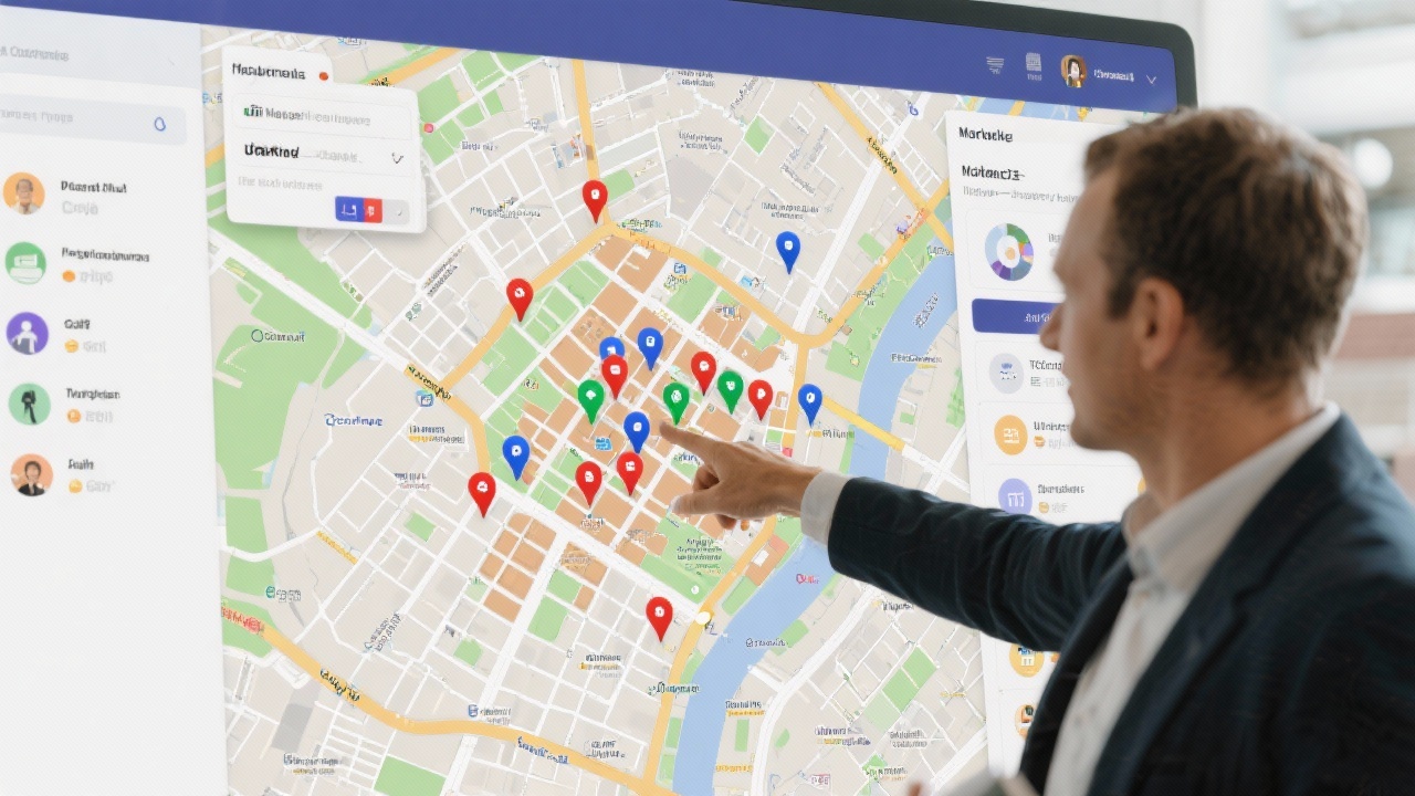 Marketing strategist pointing at neighborhood map with digital pins, exploring customer foot traffic insights and demographic overlays for Dutch midsize companies focusing on local engagement