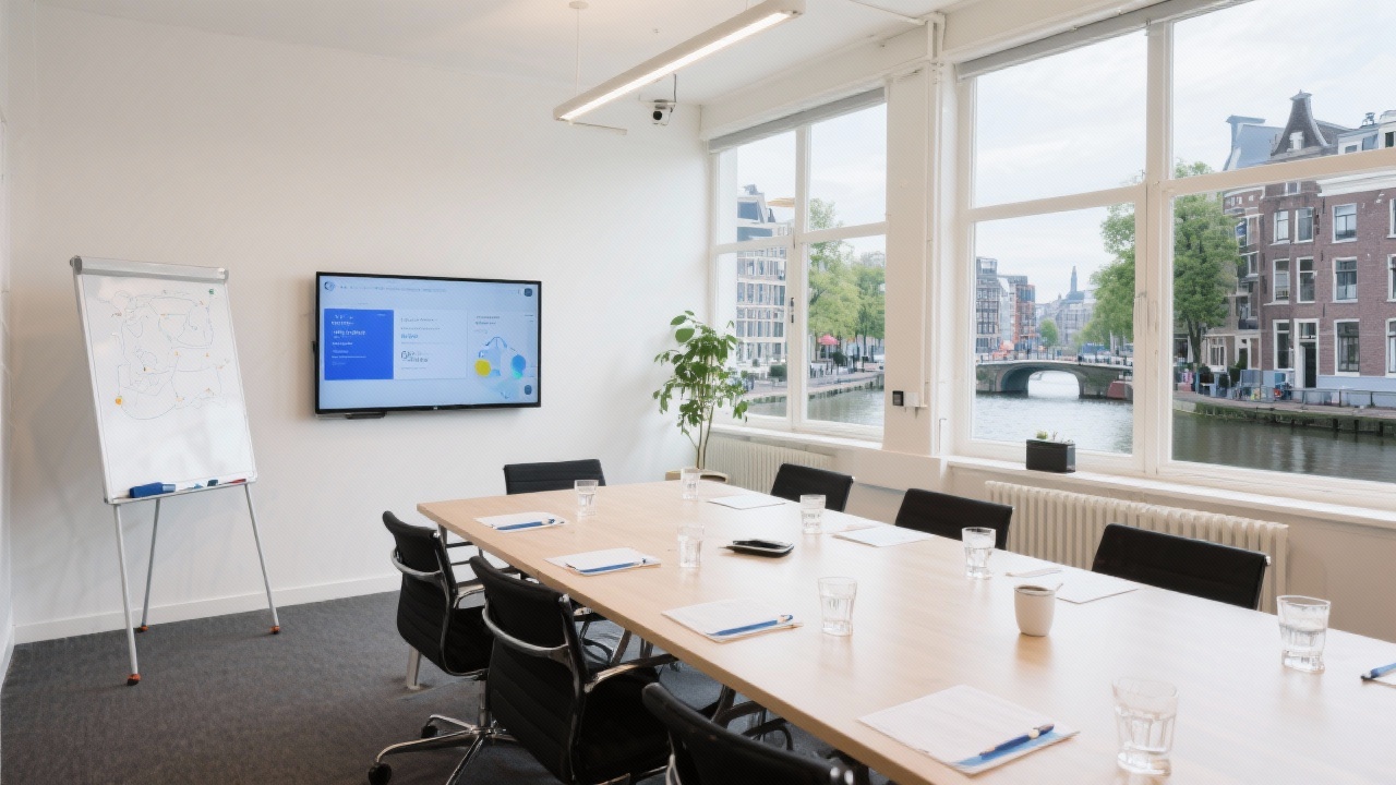 Bright meeting room with large table, whiteboard and digital screen prepared for strategy workshops at Amsterdam canal office
