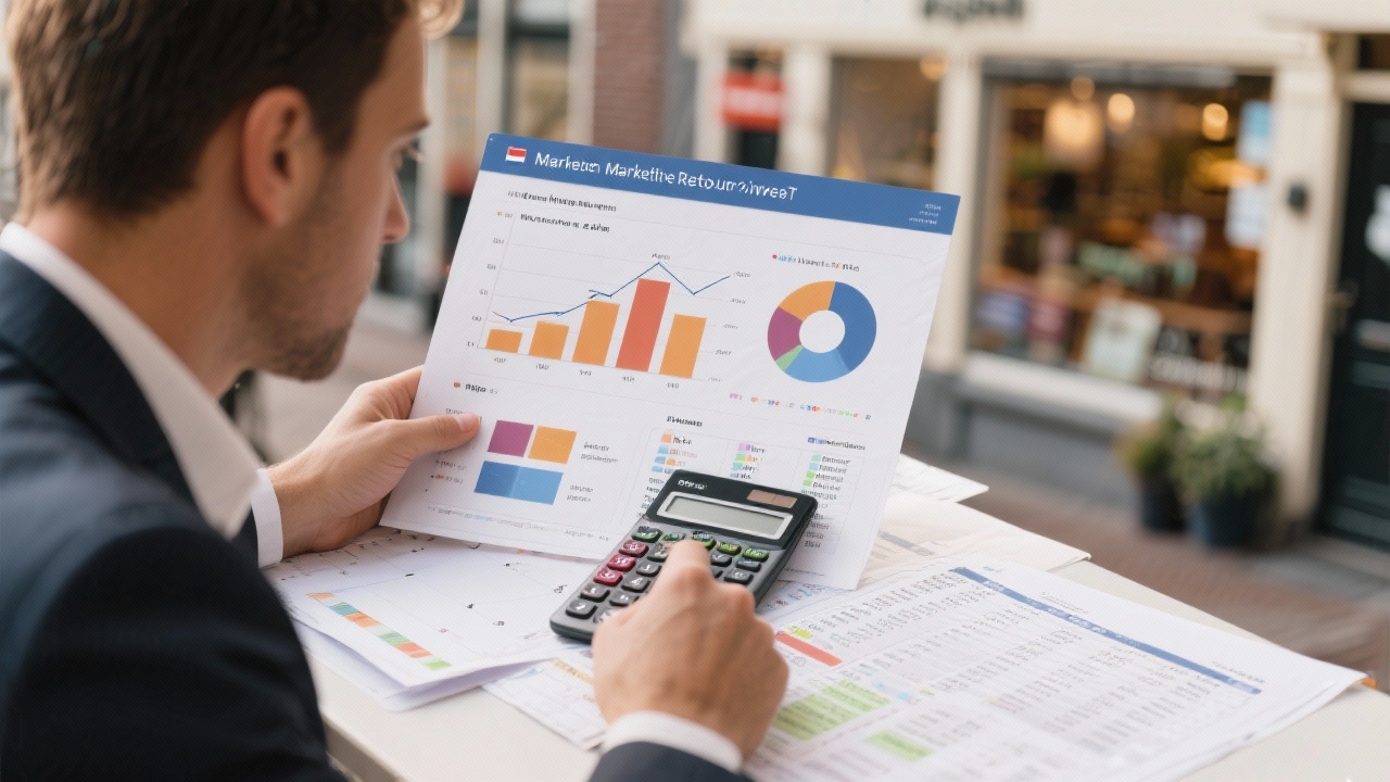 Financial analyst reviewing marketing return on investment charts with calculator and detailed spreadsheets focused on Dutch local small business performance