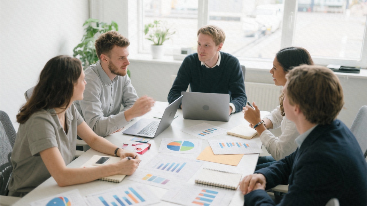 Small marketing team collaborating around a table with laptops, charts and notebooks, discussing local Dutch business marketing strategies in a bright office